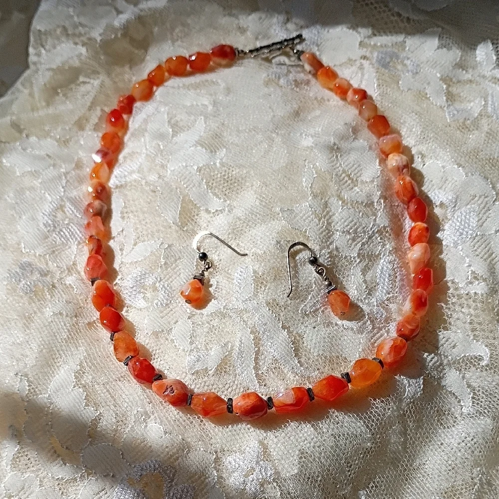 Elegant Orange Beaded Carnela Necklace and Earring Set